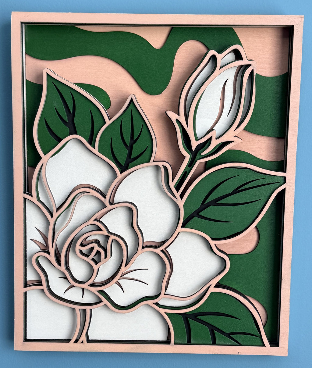 Handcrafted Layered Floral Wall Art – Framed Wooden Flower Decor